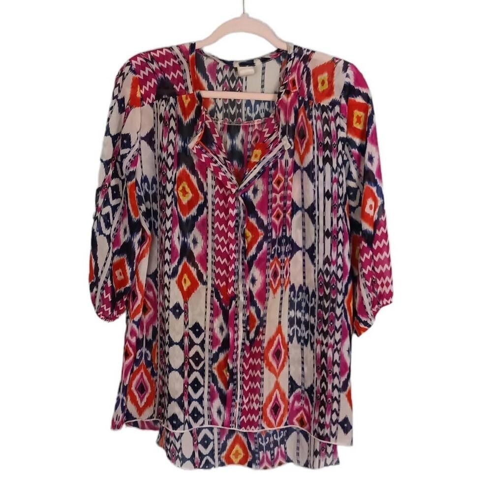 FRANCESCA'S COLLECTIONS Womens Bird Cage Label Boho Ikat Print Sheer Blouse Sz L